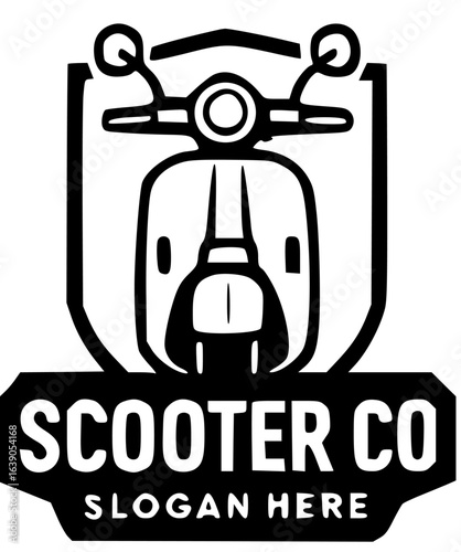 Stylish monochrome scooter logo design, featuring a classic scooter within a shield emblem, ready for a company slogan.