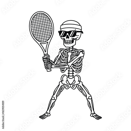 Skeleton playing tennis with racket and wearing sunglasses isolated on white background in a fun and sporty illustration for halloween or any design