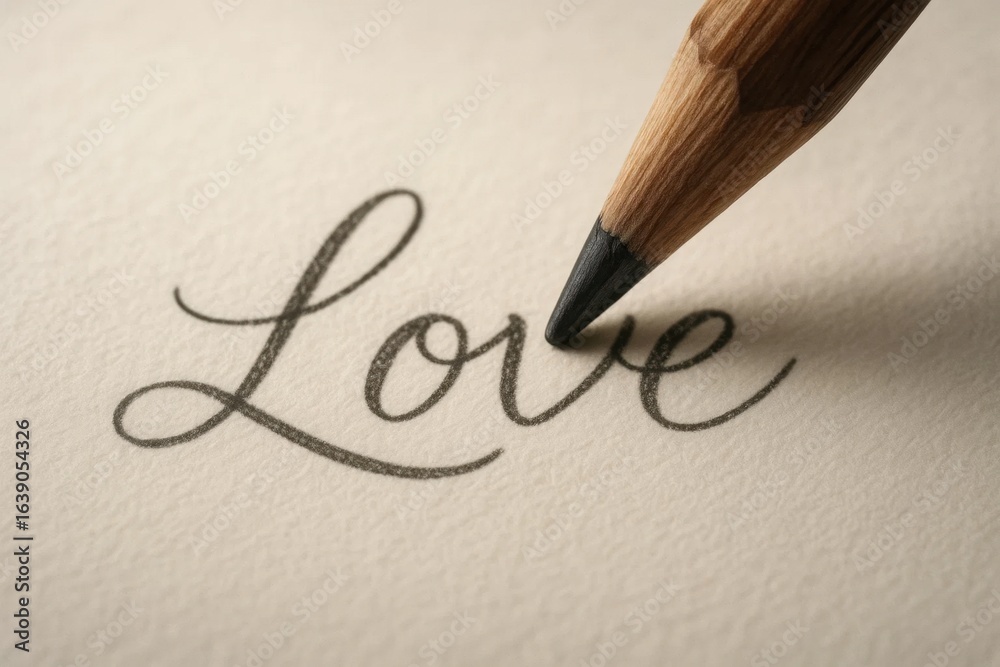 Fototapeta premium A wooden pencil is writing the word Love on a piece of paper