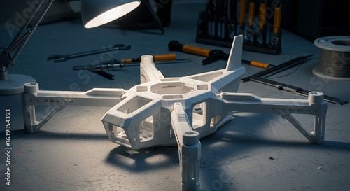 3D Printed Drone Frame Prototype on Workshop Bench with Tools and Lamp