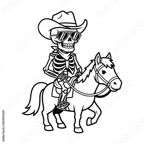 A skeleton cowboy is riding a horse isolated on white background it is a funny and spooky illustration for halloween or any other occasion