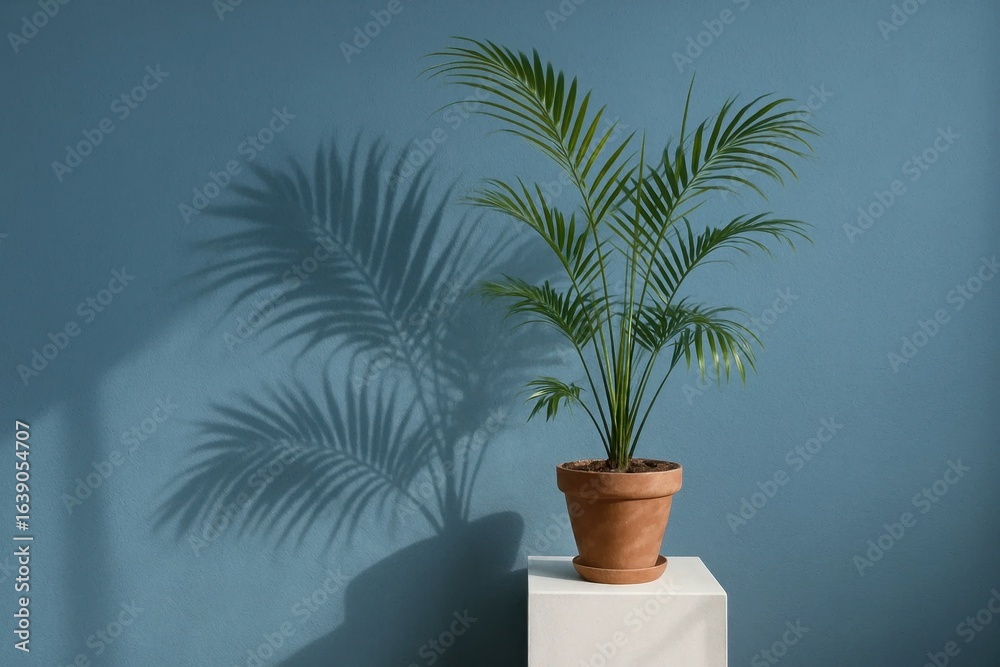 Fototapeta premium A solitary palm plant stands against a serene blue wall, its shadow dancing on the surface below