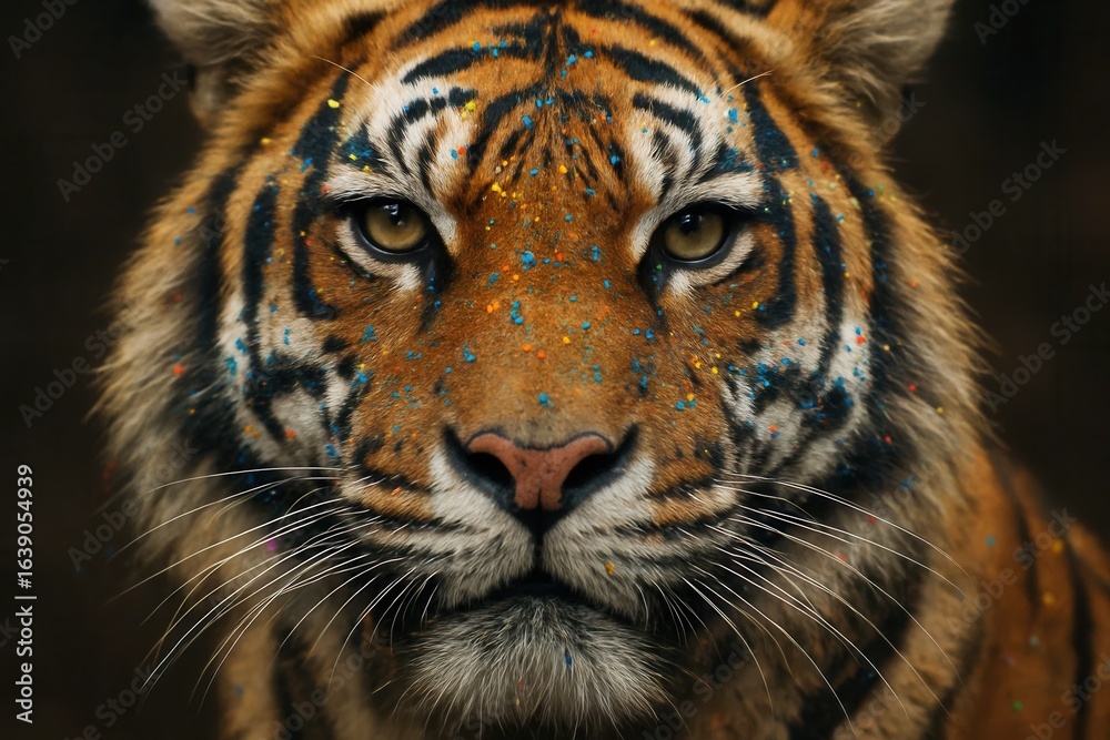 Naklejka premium A close-up of a majestic tiger with a strikingly vibrant mane of orange and black fur, its eyes reflecting a deep intensity as it gazes directly into the camera