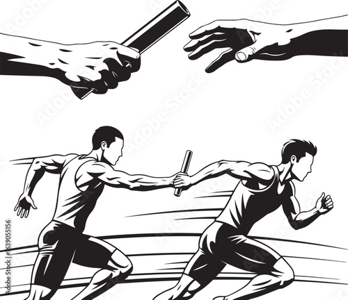 Relay race illustration with athletes exchanging baton. Vector graphic in black and white.