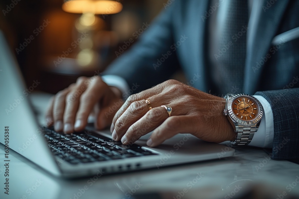 Obraz premium Close-up of a person wearing a suit and a luxurious wristwatch typing on a laptop keyboard in a warmly lit indoor setting
