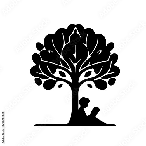 Minimal black and white boy reading a book under a tree vector illustration