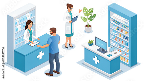 Isometric Pharmacy Illustration with Pharmacist Doctor and Customer at Counter Offering Medical Advice and Selling Medications with Shelves Full of Medicines and Products