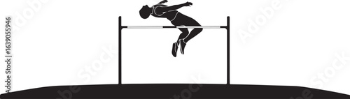 High jump athlete mid-jump over bar, black vector illustration.
