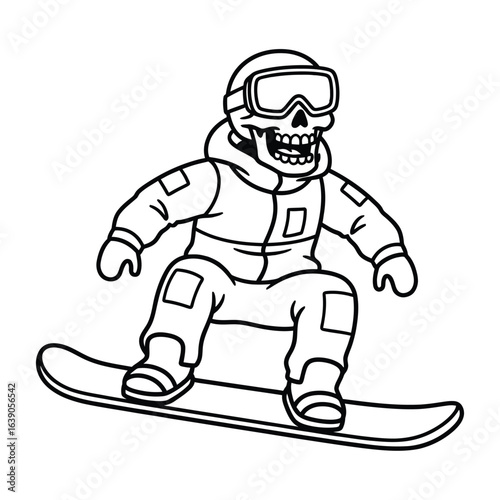 Skeleton snowboarding down a snowy slope isolated on white background, enjoying winter sport and extreme adventure with protective gear
