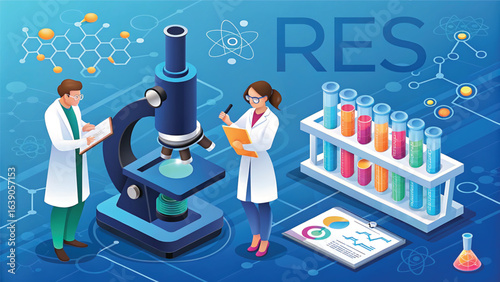 Modern scientific research and development illustration showcasing scientists in lab coats research equipment and data analysis for medical breakthroughs and innovation