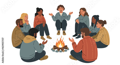 Diverse Group Storytelling Around Campfire Illustration for Team Building, Retreat Activities, and Fostering Community Connection in Educational and Corporate Settings.