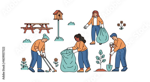 Volunteers cleaning up the park illustration to promote environmental awareness and community service projects, illustrating the importance of environmental stewardship and social responsibility.
