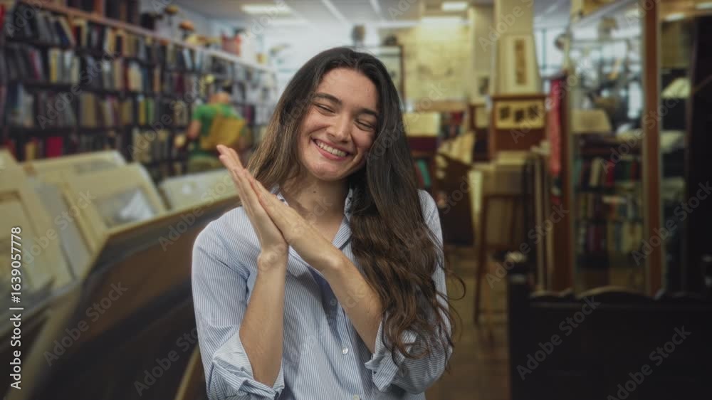 Young woman smiling claps hands in building library aisle filled with wooden shelves and books under warm light; happiness warmth joy. Young woman smiling claps hands in building library aisle filled with wooden shelves and books under warm light; happiness warmth joy.