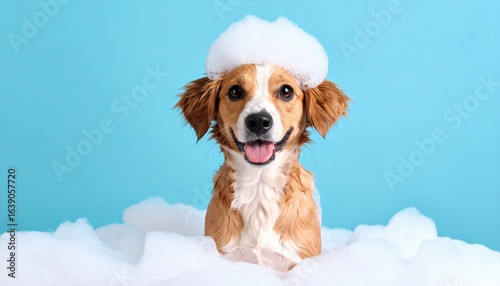 banner Smiling puppy little corgi dog after bath soap bubble foam wrapped in white towel Just washed cute dog at home copyspace. Fresh clean happy doggy wrapped after shower domestic