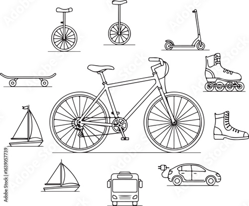 Transportation line art: bicycle, skateboard, roller skate, unicycle, sailboat, electric car, vector illustration