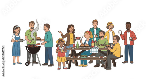 Illustrated outdoor barbecue scene depicting a diverse group of people enjoying a summer gathering, perfect for illustrating family events, community celebrations, and social gatherings.