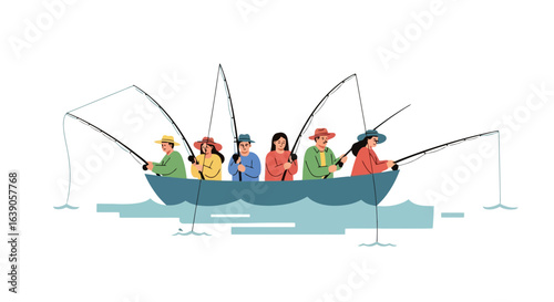 Group of People Fishing Together in a Boat on a Lake or Sea. Suitable for illustrating recreational activities, outdoor adventures, team building exercises, or family vacations.