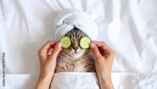 Cute kitten and pug puppy with towel on their heads with cream on their faces and with a pieces of cucumber on their eyes relaxing on the bed at spa salon. Top down view. Empty space for.