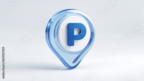 Blue 3D parking location pin icon symbol for navigation maps transport apps city driving guides and car park location services