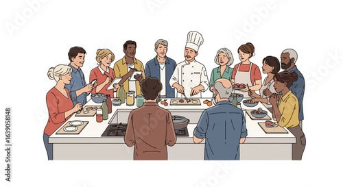 Engaging cooking class illustration featuring diverse participants learning culinary skills from a chef, ideal for promoting cooking schools, community events, and healthy eating initiatives.