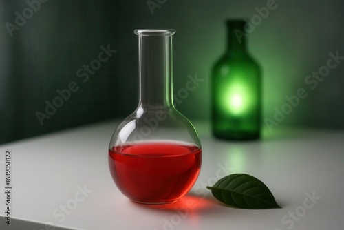 A red potion in a vintage flask casts an enchanting light on a serene tabletop, accompanied by the soft whisper of a green lamp