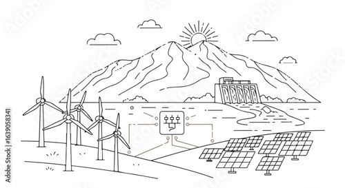 Sustainable Energy Sources Illustration with Wind Turbines, Solar Panels, Hydroelectric Dam