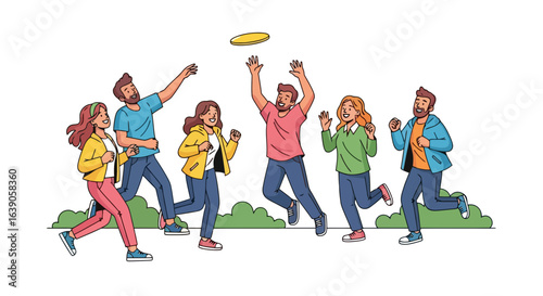 Group of Friends Enjoying Frisbee Game in the Park, Promoting Outdoor Recreation, Teamwork, and Active Lifestyle for Social Media and Advertising