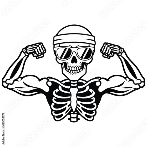 A skeleton is flexing its muscles with a beanie and sunglasses isolated on white background it is a fun and healthy sport activity with a spooky halloween theme