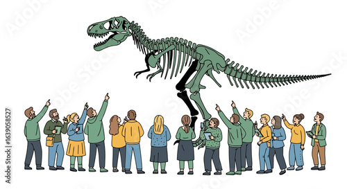 Dinosaur Skeleton Exhibition Attracts Curious Visitors in a Museum Setting Showcasing Paleontology and Educational Tourism, Suitable for illustrating science, history, and educational content.