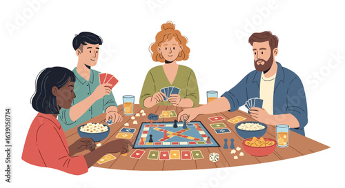 Group of friends enjoying a board game night at home, creating a fun and engaging atmosphere. Suitable for illustrating leisure activities, social gatherings, or family entertainment concepts.