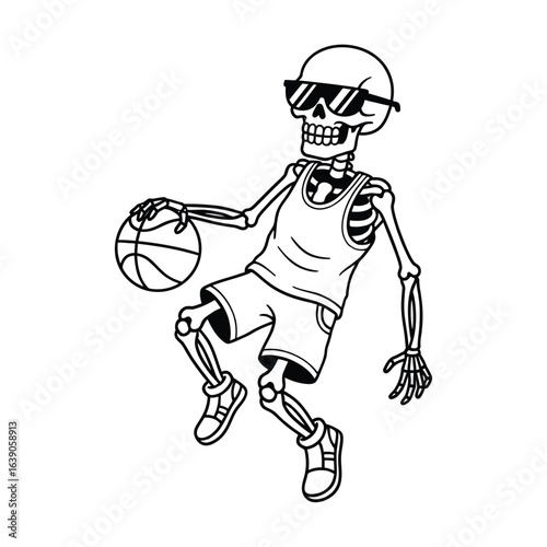 A skeleton playing basketball, isolated on white background, wearing sunglasses, dribbling a ball on the court, jumping and scoring in a sports game