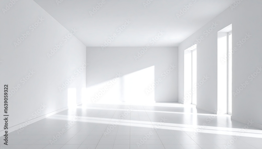 Empty white room interior with windows, wooden floor, and a blank wall for design or architecture concepts Empty white room interior with windows, wooden floor, and a blank wall for design or architecture concepts
