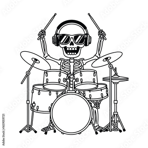 A skeleton with headphones is playing the drums with enthusiasm and energy isolated on white background
