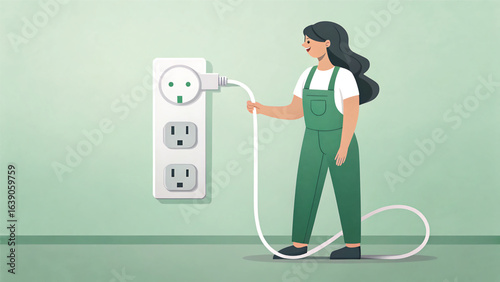 Woman plugging in a power cord into a wall socket connecting to the electrical outlet for power in a home or office setting