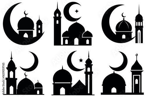 Mosque and Crescent Moon Silhouette Icon Set