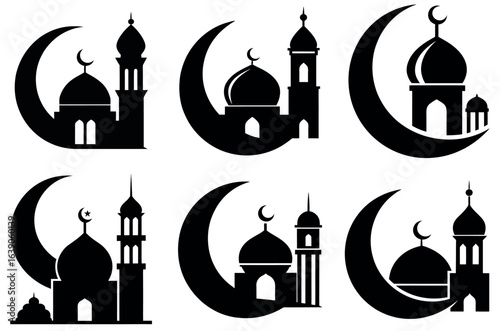 Mosque and Crescent Moon Silhouette Icon Set