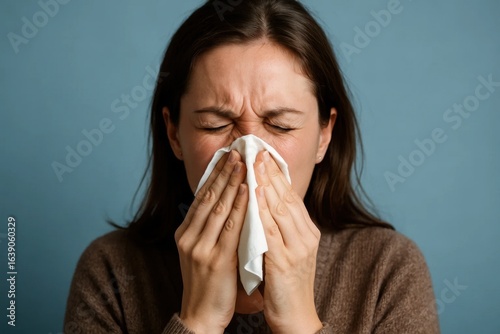 A woman takes a deep breath while blowing her nose against a calming blue backdrop