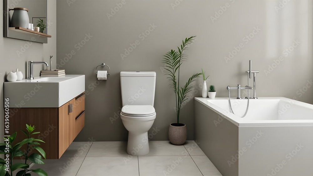 Fototapeta premium modern bathroom with white toilet, wooden vanity, sink, mirror, and green potted plant, designed with minimalist and clean aesthetic