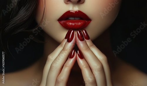 Close-up of a woman with glossy red lips and matching red nail polish touching her face gently, displaying elegance and sophistication