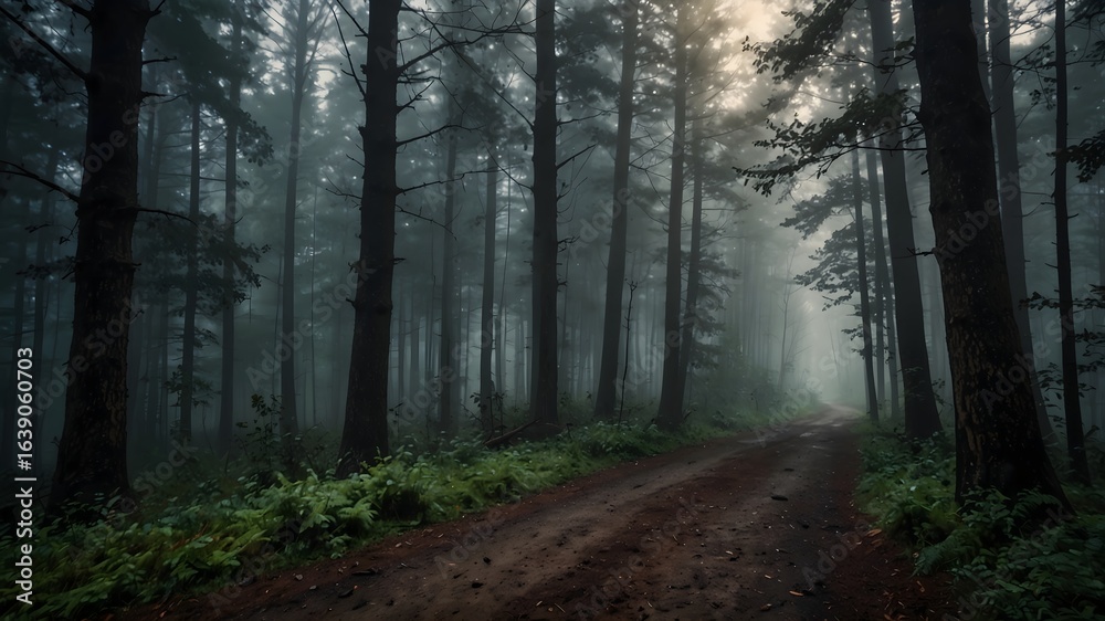 Obraz premium Misty Forest Path in Morning Light - Atmospheric Nature Scene 