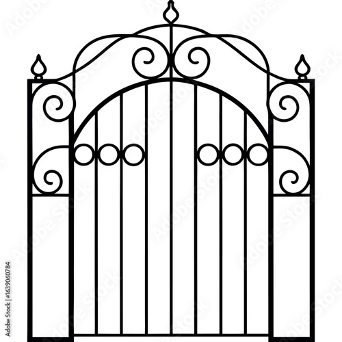 Gates forged sketch. Artistic forging. Iron door design. Vector illustration isolated on white background. Exterior. Garden gate