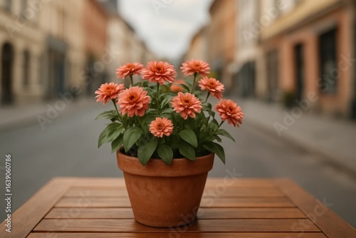 Amidst the hustle of city life, a vibrant potted zinnia blooms on a wooden table, offering a splash of color and tranquility