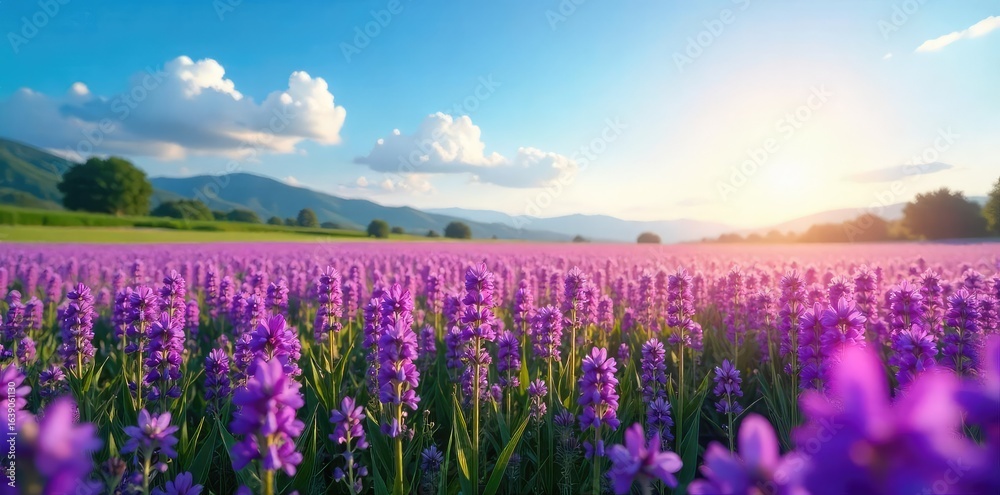 Obraz premium A breathtaking landscape of a field bursting with vibrant purple wildflowers, stretching to the horizon under a bright, clear sky Perfect for nature, spring, and serenity themes , violet, scenery