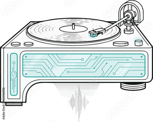 Digital record player with circuit board design, audio illustration.