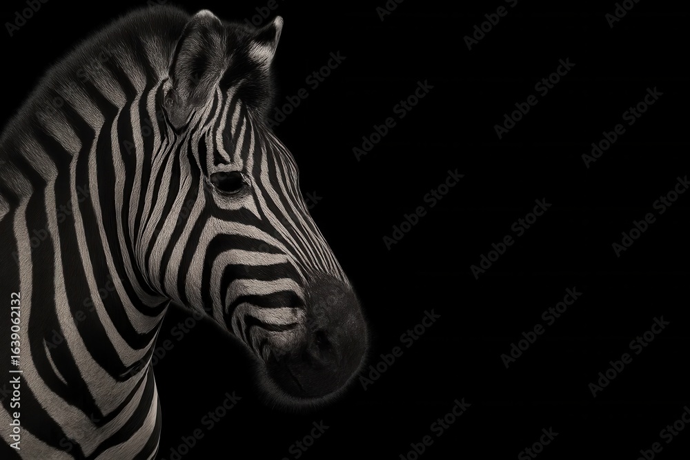 Fototapeta premium A solitary zebra stands against the stark blackness of its environment, a striking contrast that highlights the beauty and mystery of nature