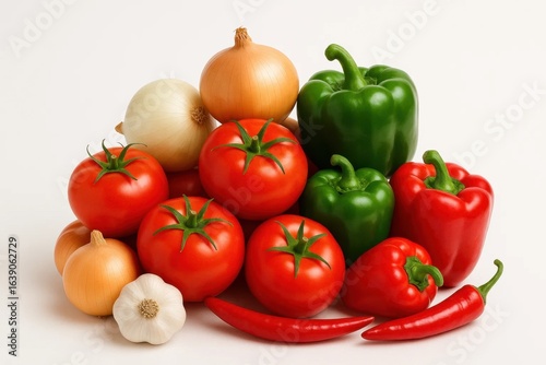 red tomatoes, green peppers, onions, and garlic, all poised in a harmonious display against a pristine white backdrop