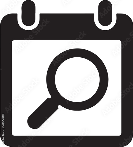 Calendar and magnifying glass silhouette icon representing date search, event lookup, and scheduling.