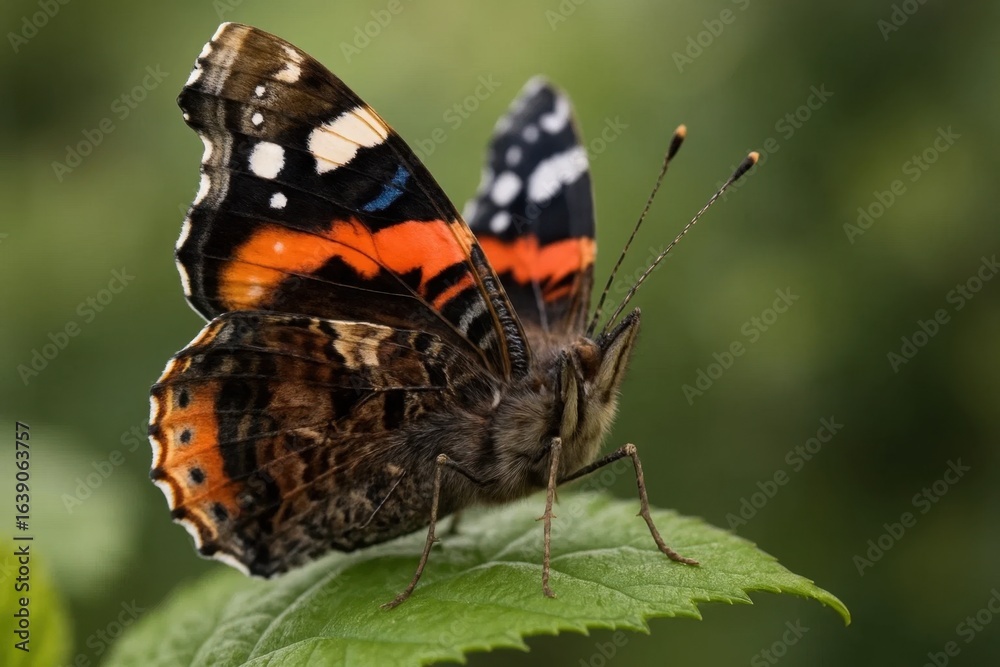 Obraz premium Amidst the verdant embrace of nature, a Butterfly of Majesty rests on a leaf, its wings spread wide in a display of vibrant colors and patterns