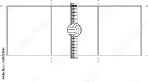Volleyball court outline illustration with net and ball, overhead view.