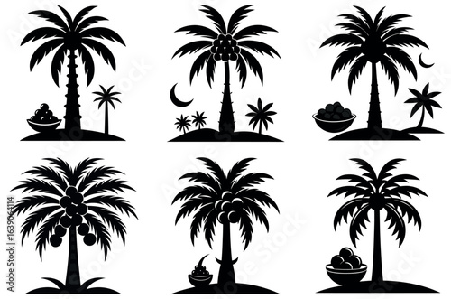 Palm Tree and Tropical Fruit Silhouette Icon Set